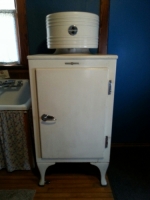 General Electric Monitor Top refrigerator, 1927-1936, donated by Rose Traylor from the Bette Heim Estate.
